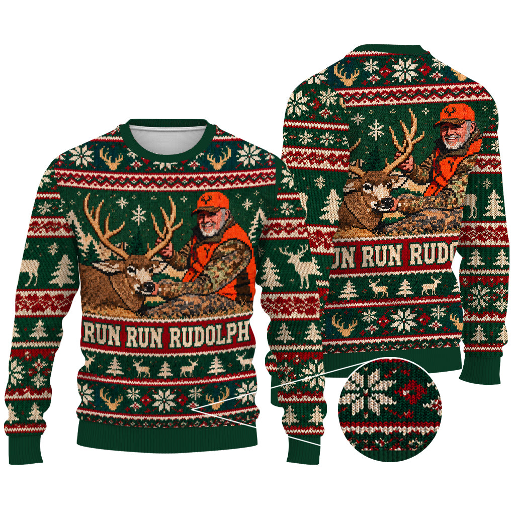 Run Run Rudolph Individuelles Foto - Personalisierter Jagd Ugly Sweater