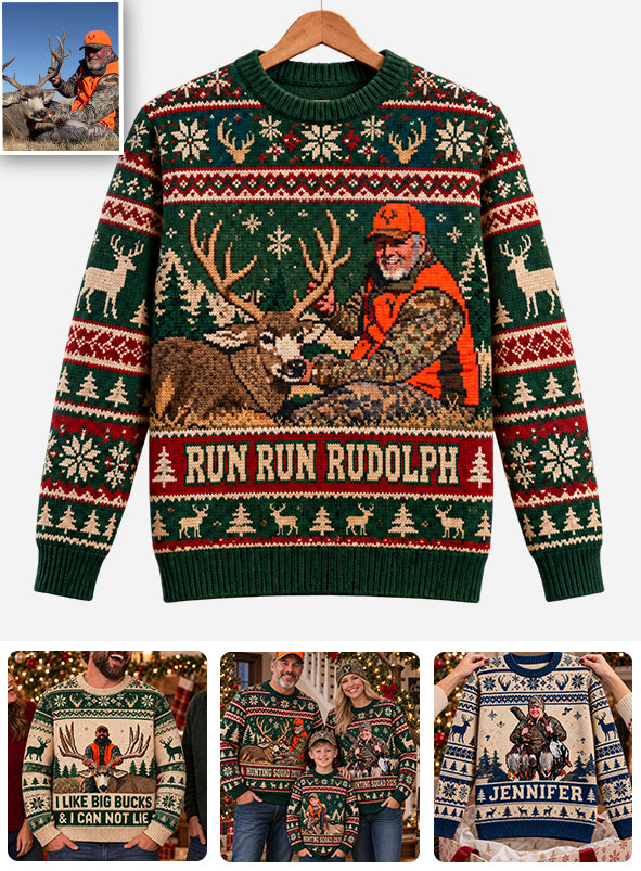Run Run Rudolph Individuelles Foto - Personalisierter Jagd Ugly Sweater
