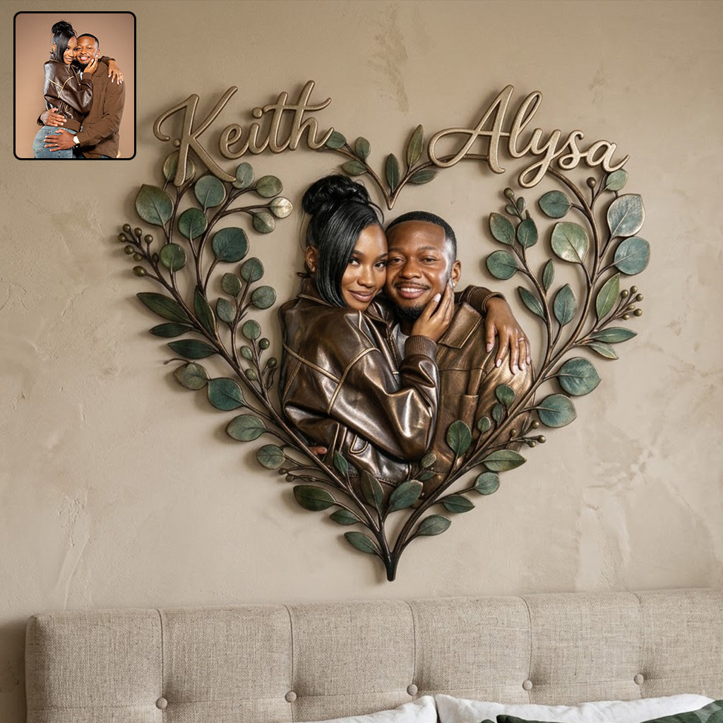 Eucalyptus Heart Metal Wall Art - Personalized Couple 3D Printed Cut Metal Sign