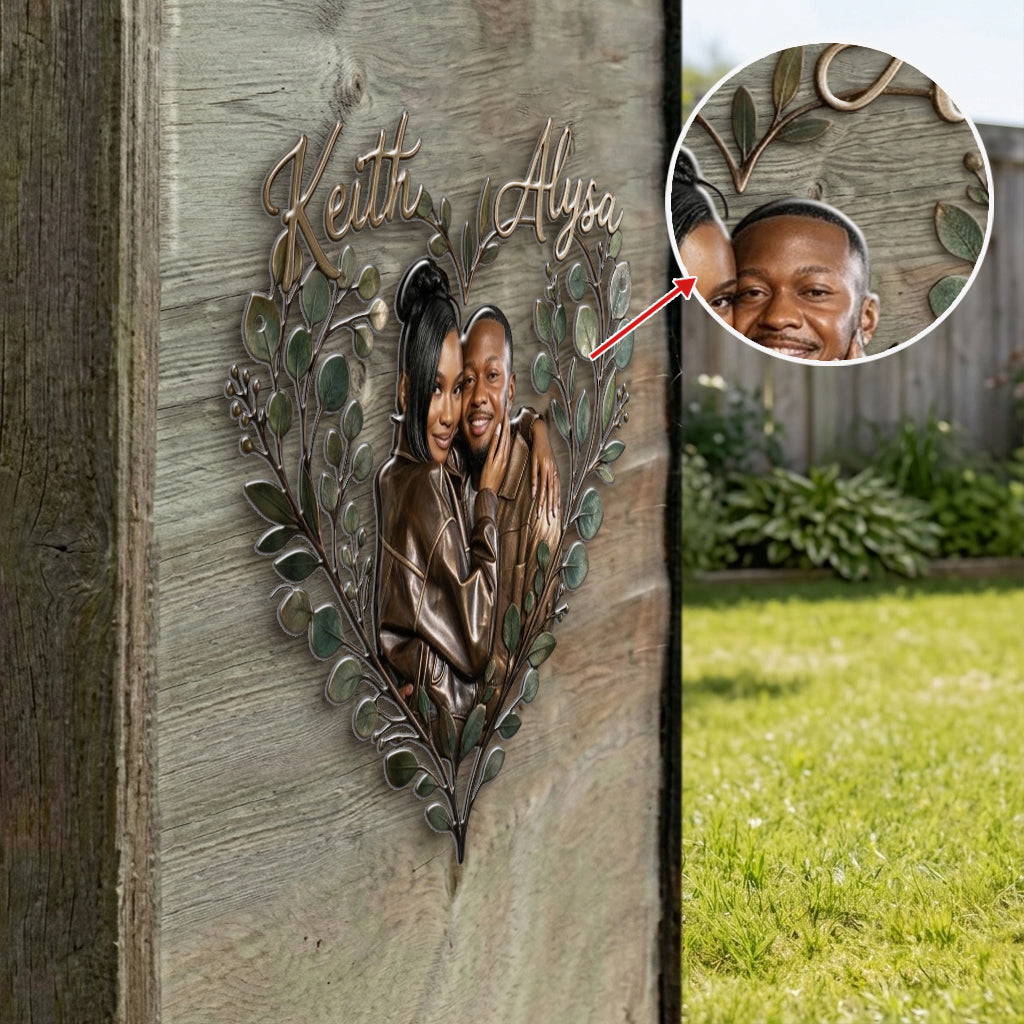 Eucalyptus Heart Metal Wall Art - Personalized Couple 3D Printed Cut Metal Sign