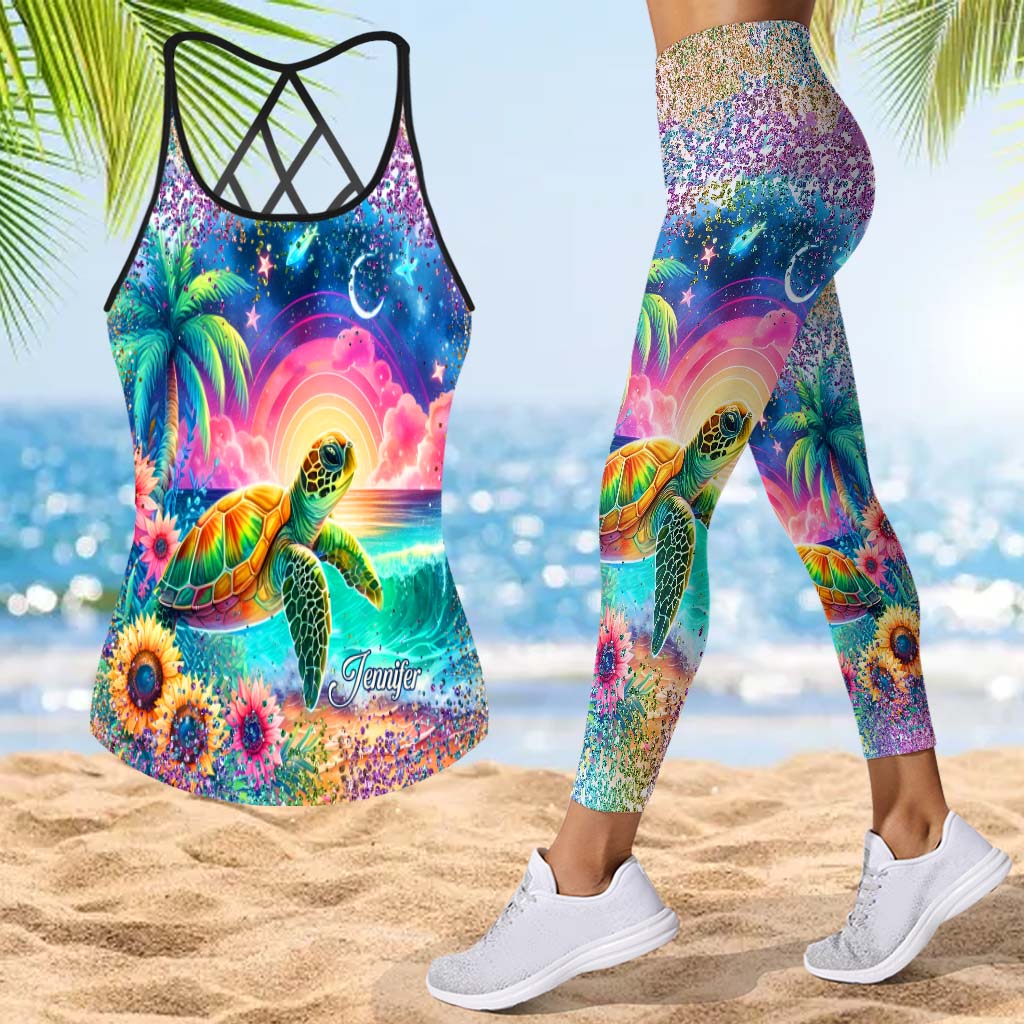 Meeresschildkröte mit Sonnenblumenmuster – Personalisiertes Tanktop und Leggings mit Schildkrötenkreuz