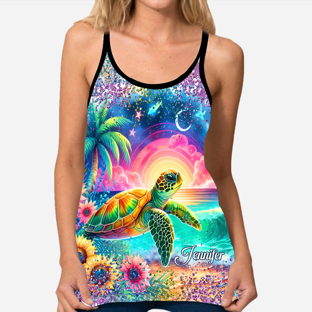 Meeresschildkröte mit Sonnenblumenmuster – Personalisiertes Tanktop und Leggings mit Schildkrötenkreuz