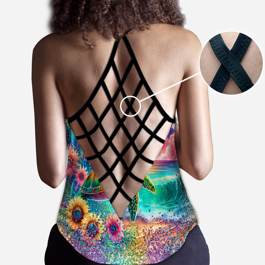 Meeresschildkröte mit Sonnenblumenmuster – Personalisiertes Tanktop und Leggings mit Schildkrötenkreuz