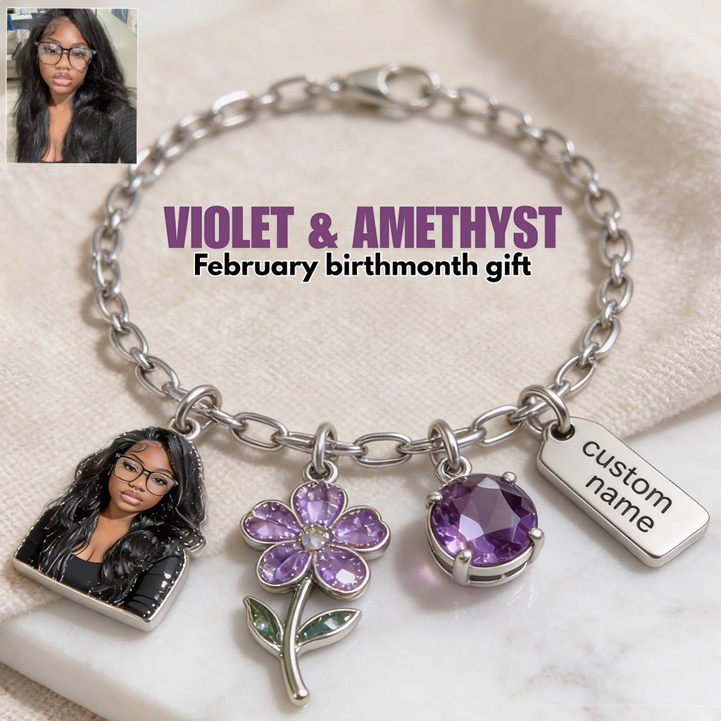 Custom Any Birthmonth Flower & Birthstone From Any Photo - Personalized Birth Month Flower Bracelet With Charms