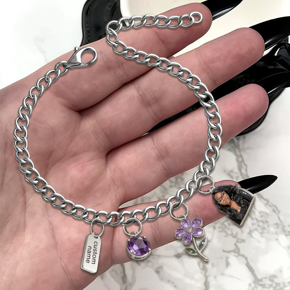 Custom Any Birthmonth Flower & Birthstone From Any Photo - Personalized Birth Month Flower Bracelet With Charms