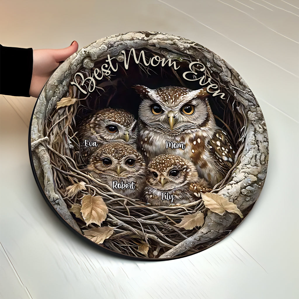 Beste Eulenmama aller Zeiten - Personalisiertes rundes Holzschild für Mutter