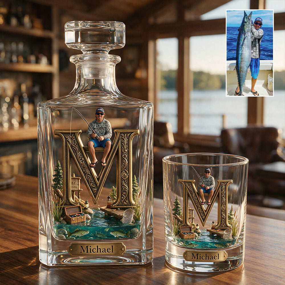 Custom Initial Gift For Fishing Lover - Personalized Fishing Whiskey Decanter Set