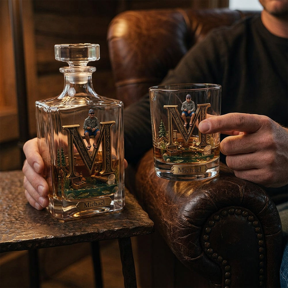Custom Initial Gift For Fishing Lover - Personalized Fishing Whiskey Decanter Set