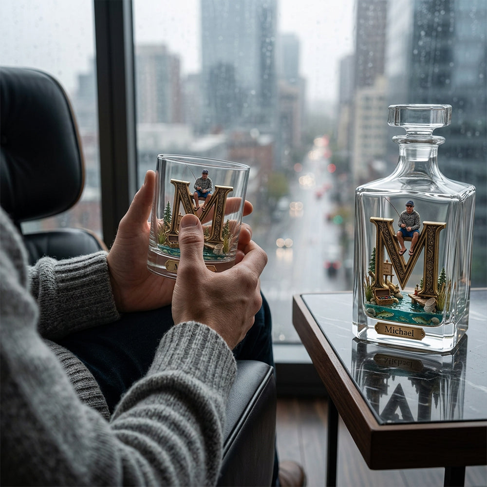 Custom Initial Gift For Fishing Lover - Personalized Fishing Whiskey Decanter Set