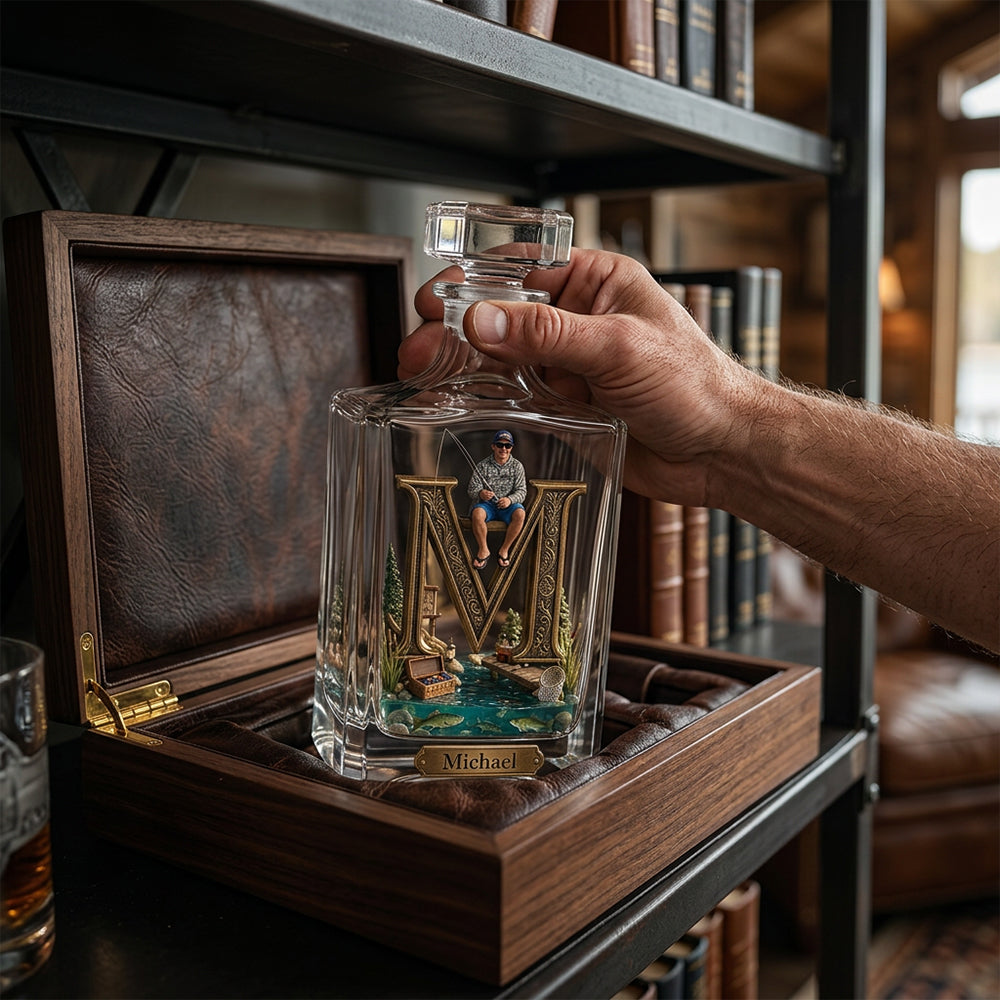 Custom Initial Gift For Fishing Lover - Personalized Fishing Whiskey Decanter Set