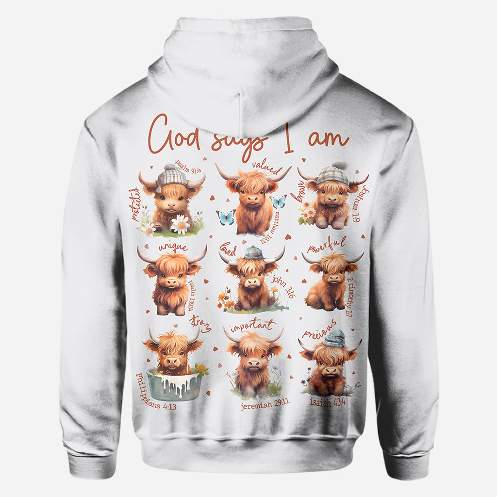 God Says I Am - Personalized Highland Cow All Over Shirt