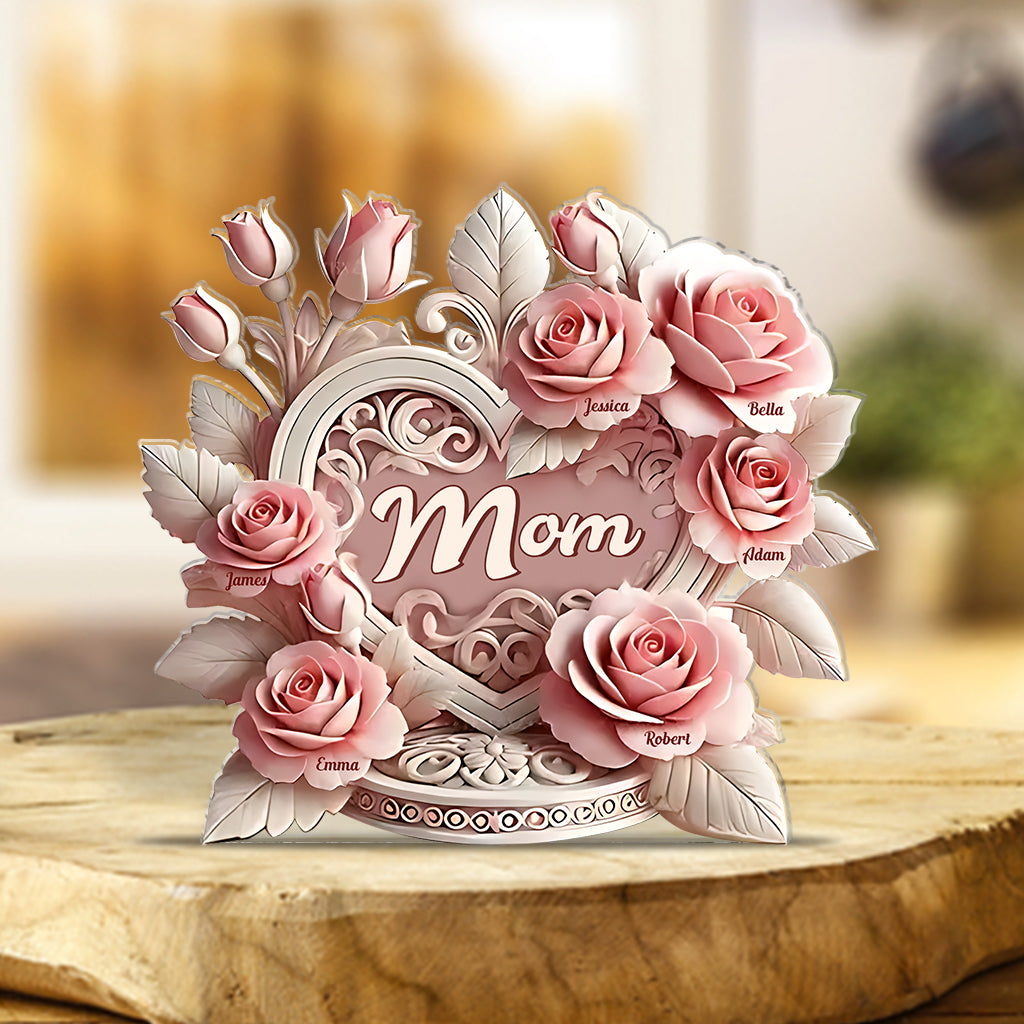 Herz aus rosa Rosen – Personalisierte Acrylplakette in individueller Form für die Mutter