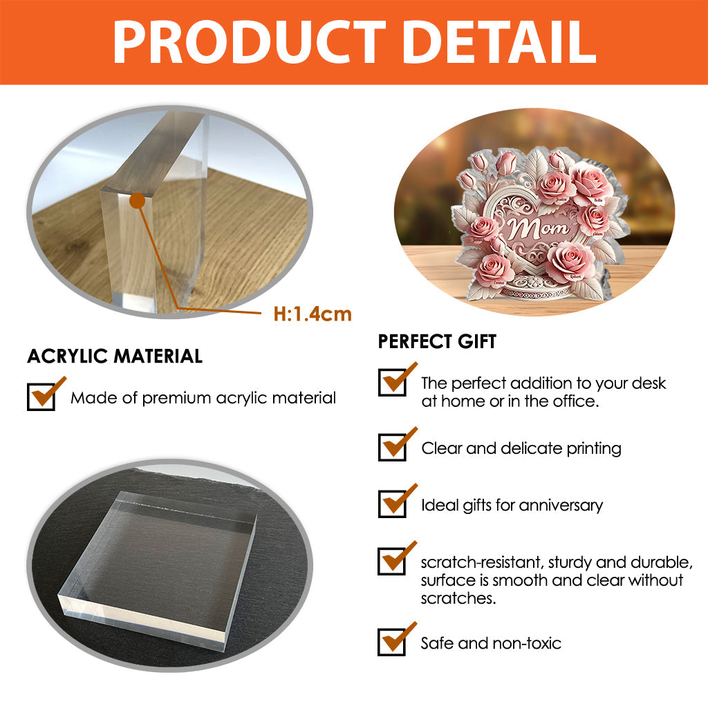 Herz aus rosa Rosen – Personalisierte Acrylplakette in individueller Form für die Mutter