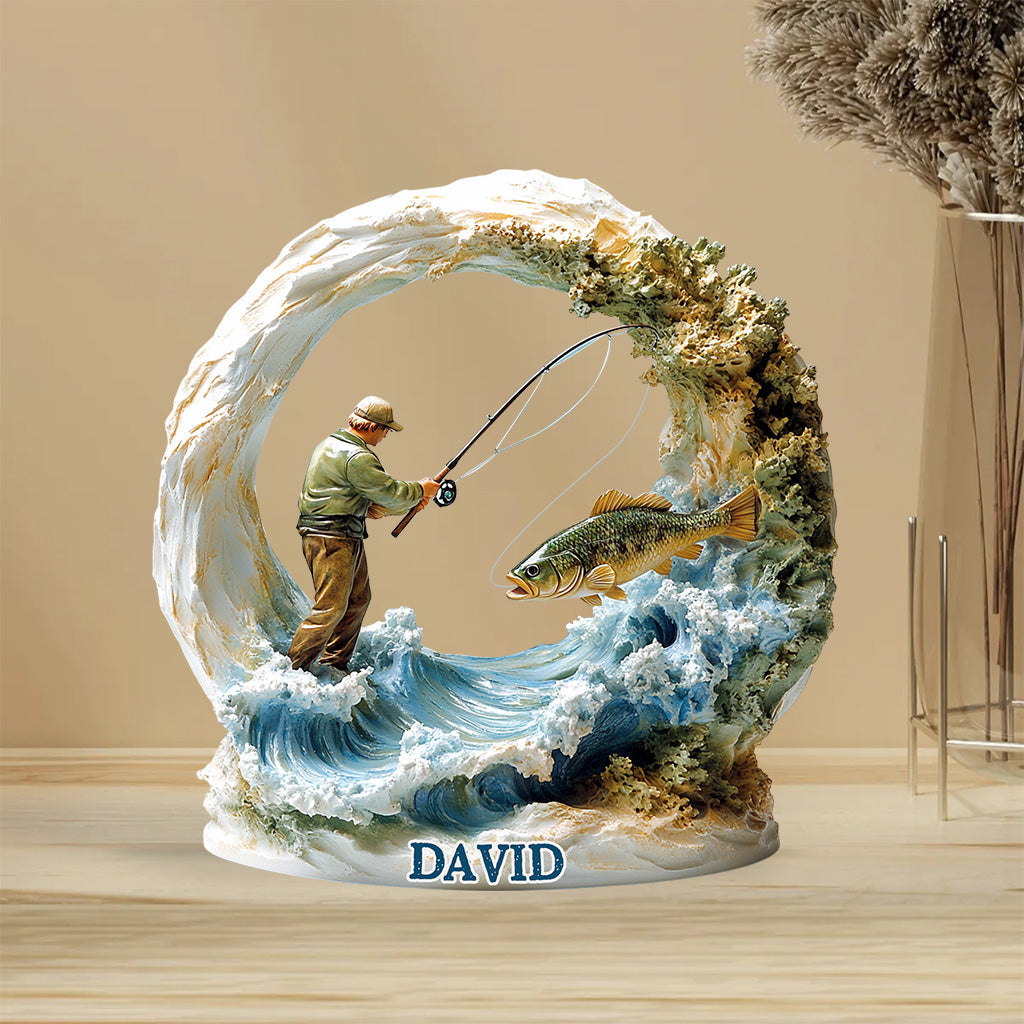 Anglerleben – Personalisierte Acrylplakette in individueller Angelform