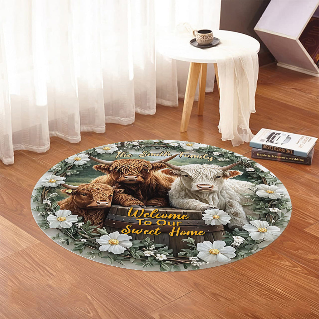 Welcome To Our Sweet Home - Personalized Highland Cow Round Rug