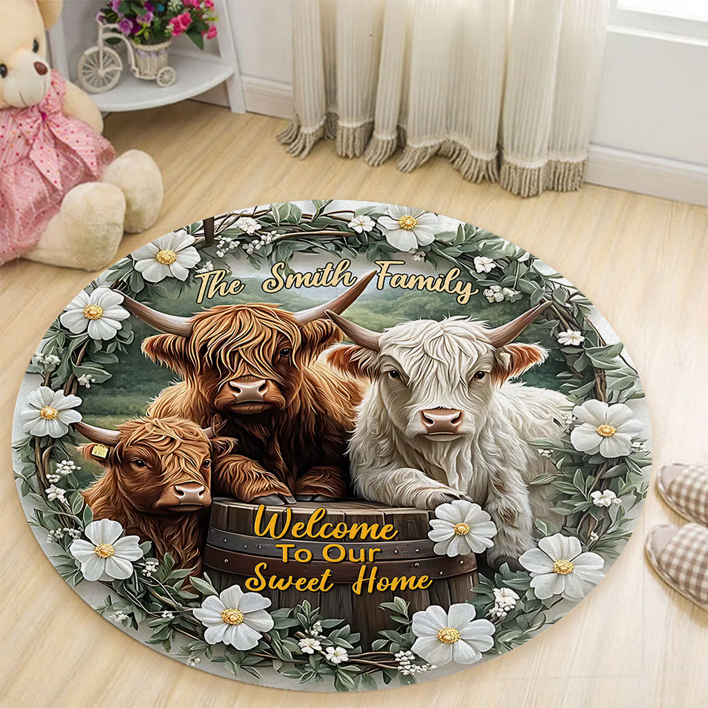 Welcome To Our Sweet Home - Personalized Highland Cow Round Rug