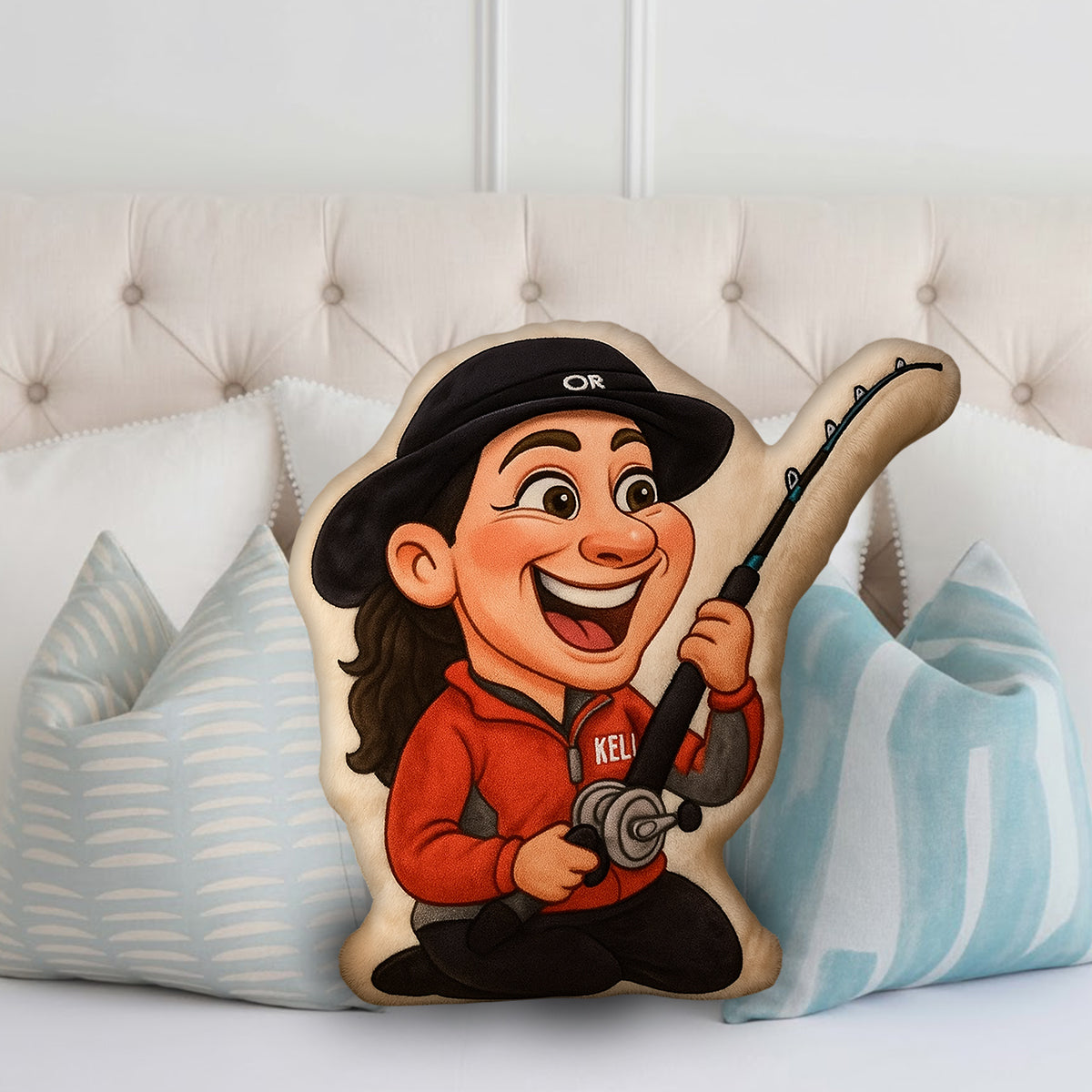 Cartoonish Caricature Fishing Gift - Personalized Fishing Faux Fur Shaped Pillow