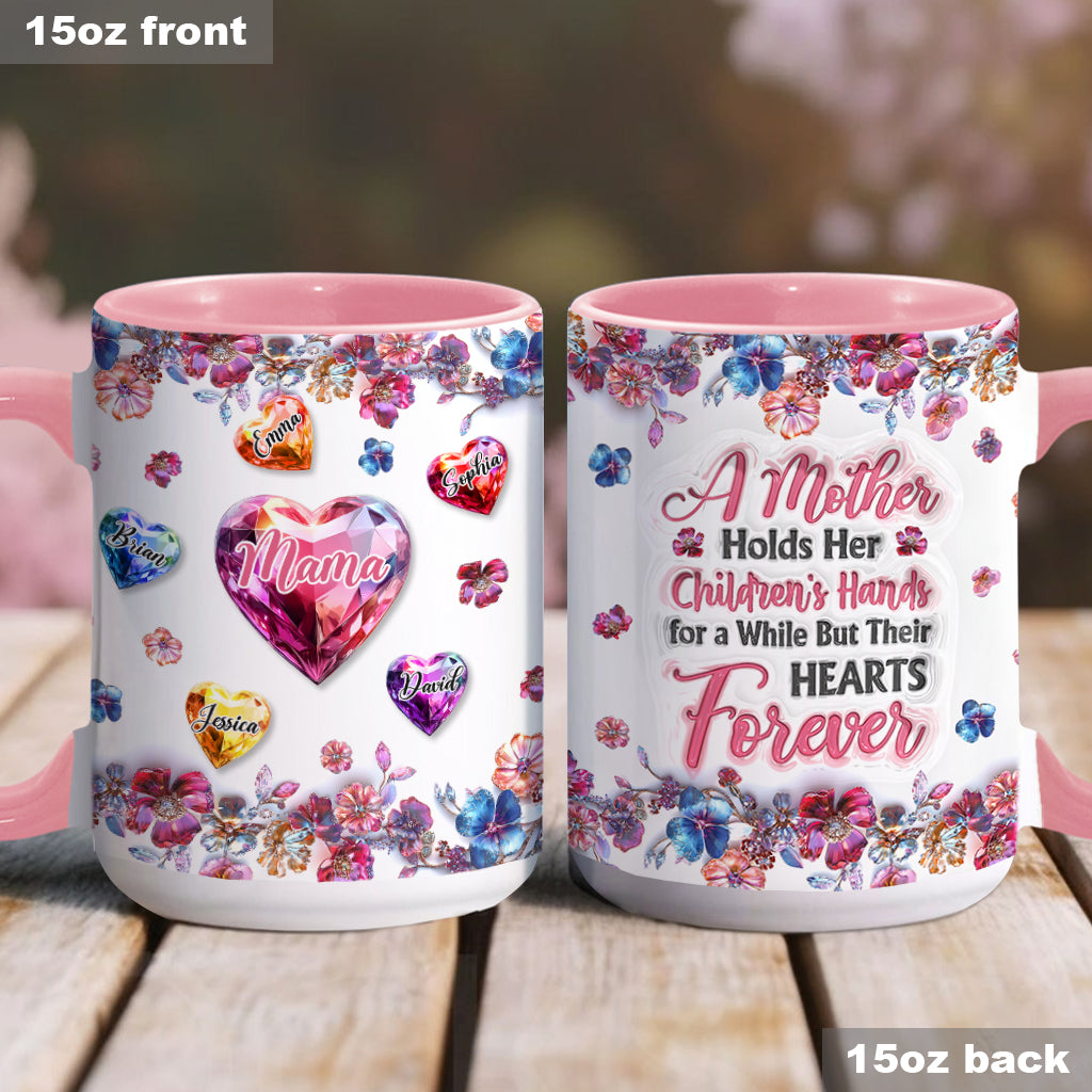 Eine Mutter hält die Hände ihrer Kinder – personalisierte Tasse mit Muttermotiv
