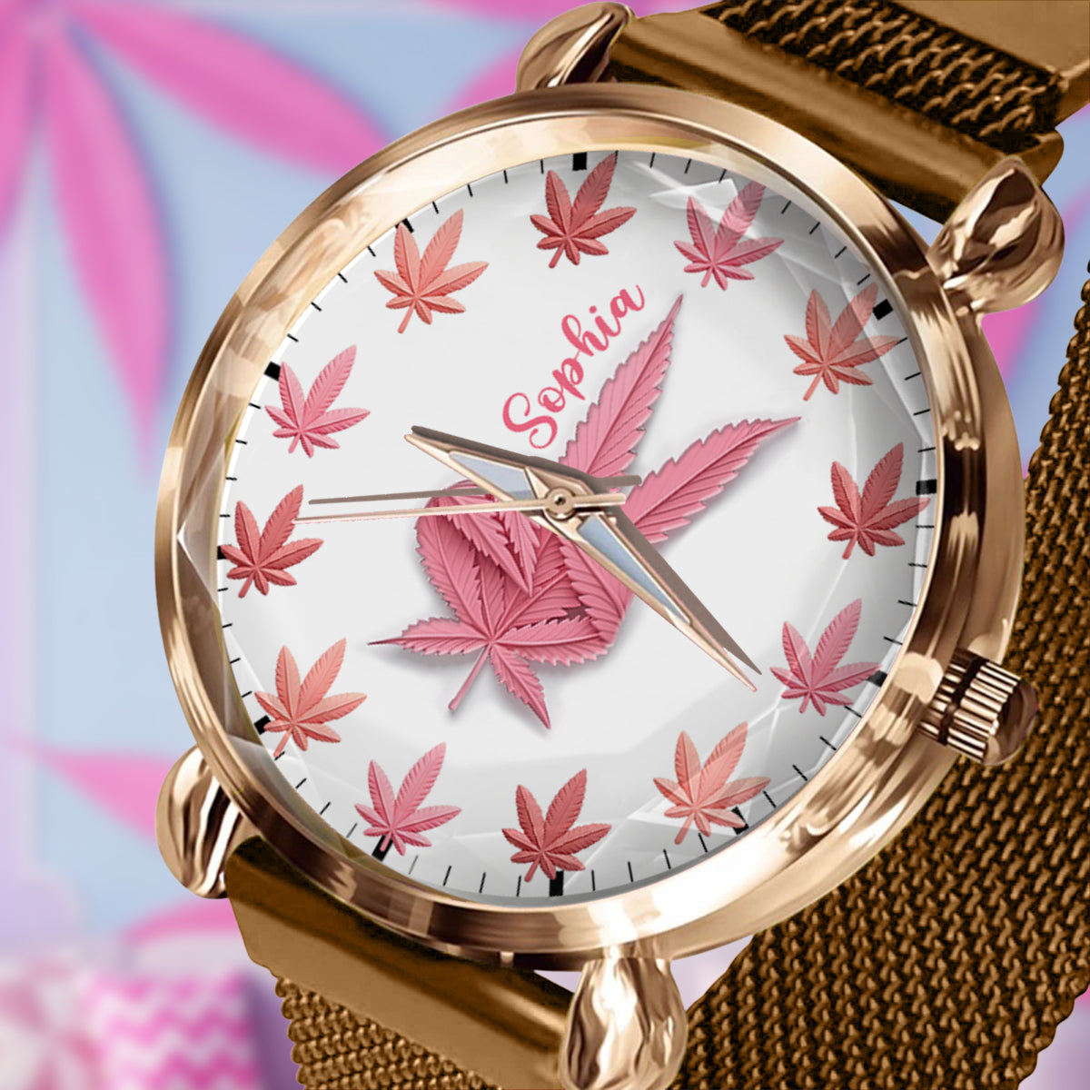 Pink Cannabis - Personalisierte Damen-Handuhr mit Cannabis-Motiv 