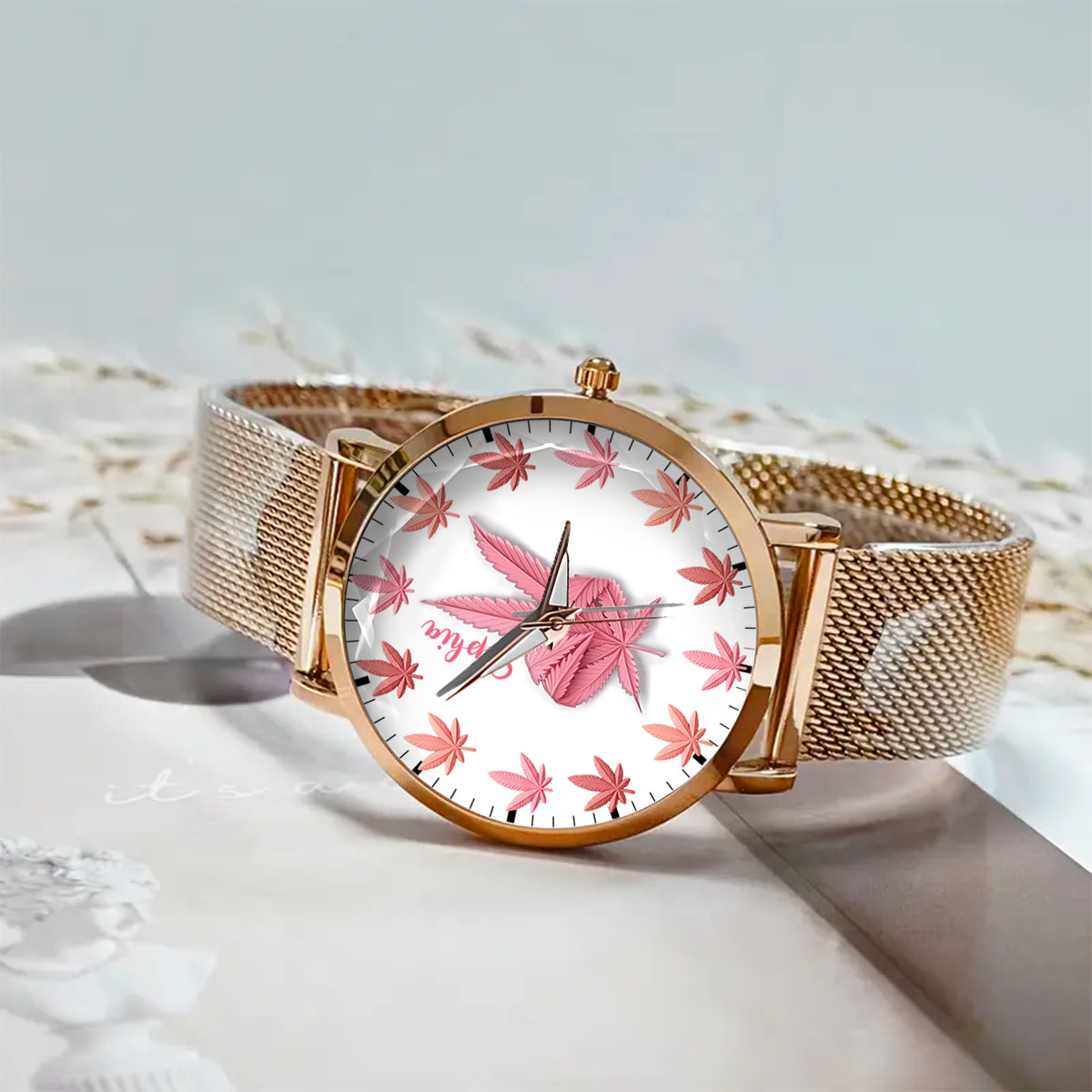 Pink Cannabis - Personalisierte Damen-Handuhr mit Cannabis-Motiv 
