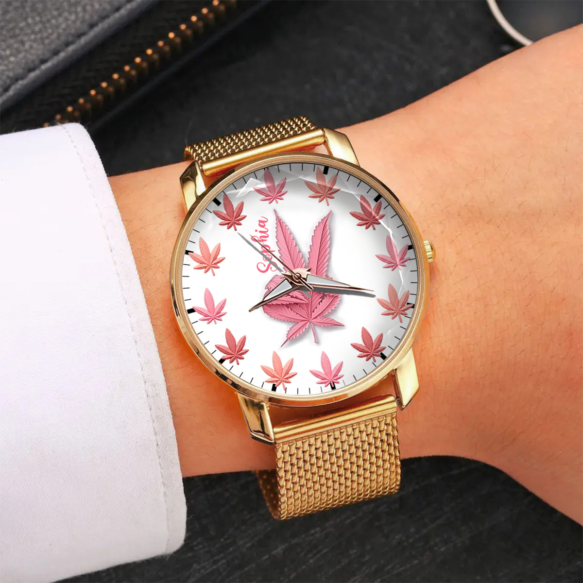Pink Cannabis - Personalisierte Damen-Handuhr mit Cannabis-Motiv 