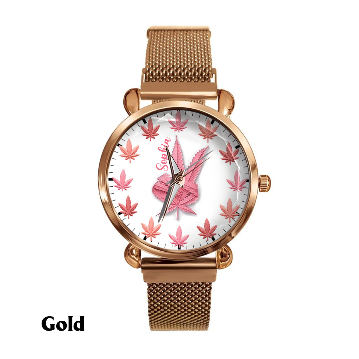 Pink Cannabis - Personalisierte Damen-Handuhr mit Cannabis-Motiv 