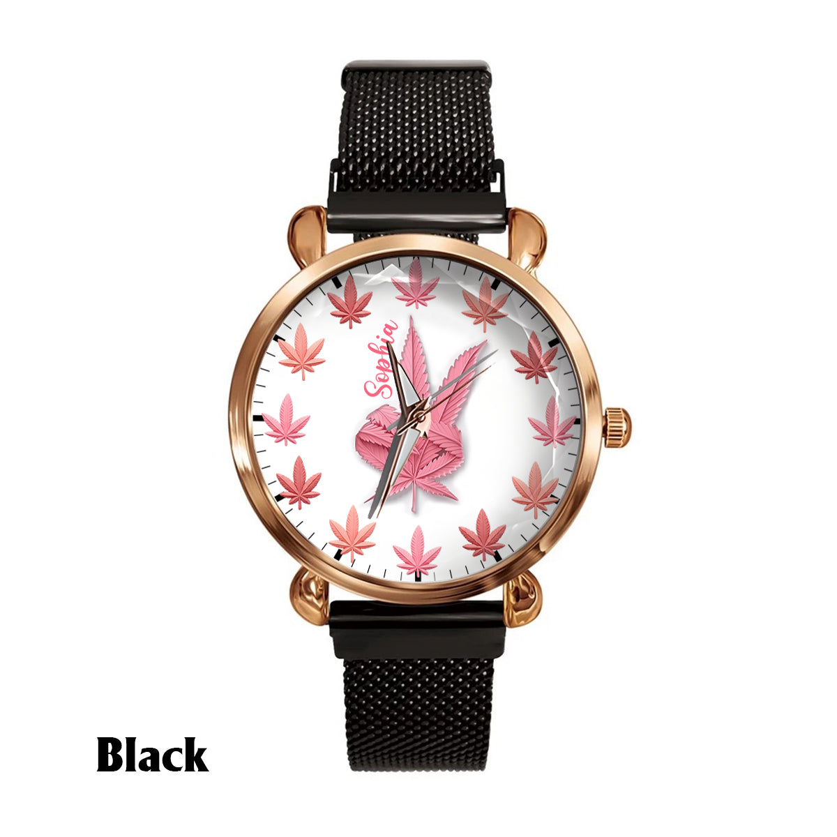 Pink Cannabis - Personalisierte Damen-Handuhr mit Cannabis-Motiv 