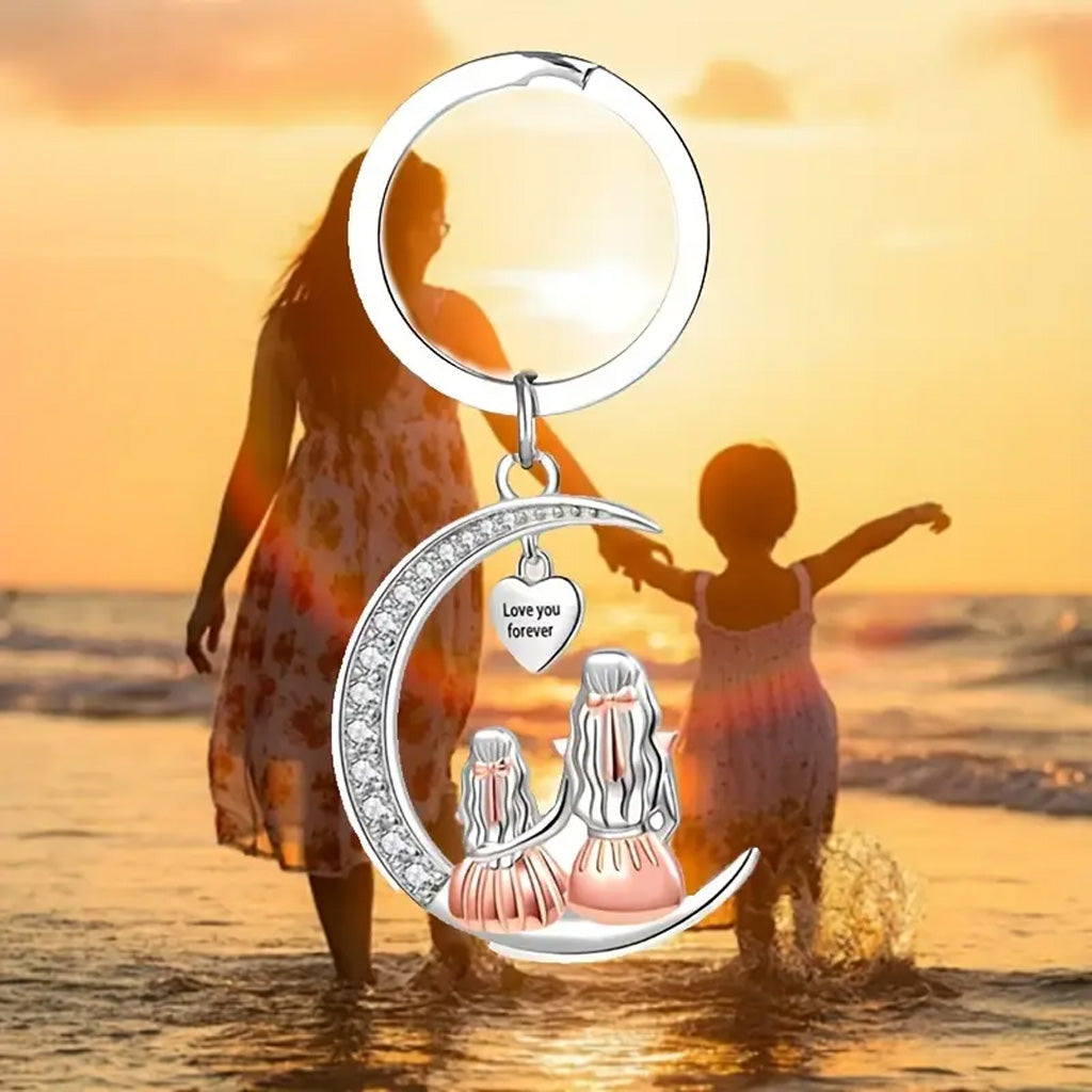 Mother Daughter Moon Shaped Keychain