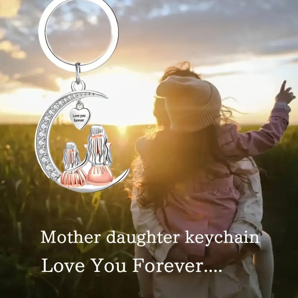 Mother Daughter Moon Shaped Keychain