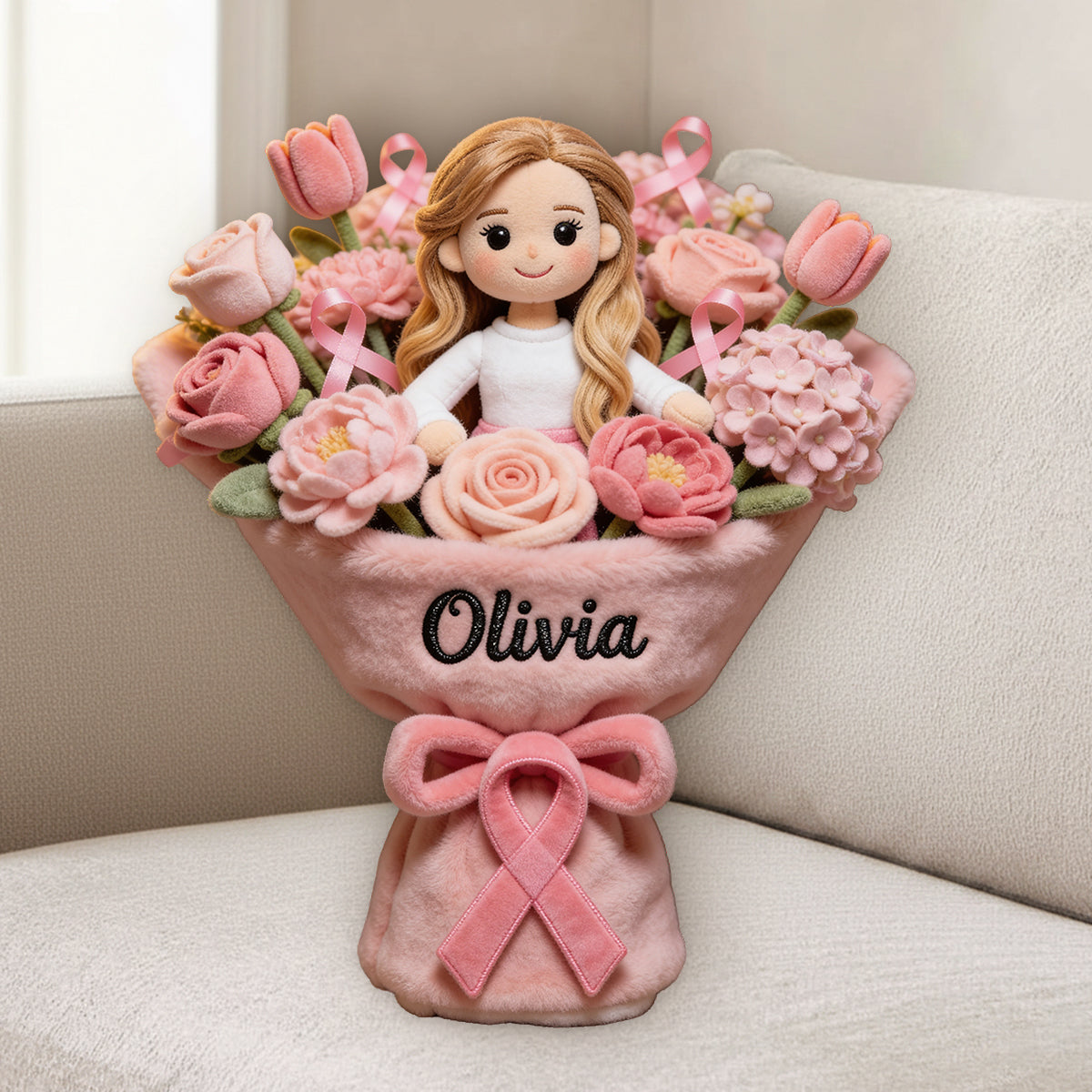 Brustkrebsbewusstsein – Personalisiertes Premium-Kunstfellkissen zum Thema Brustkrebsbewusstsein