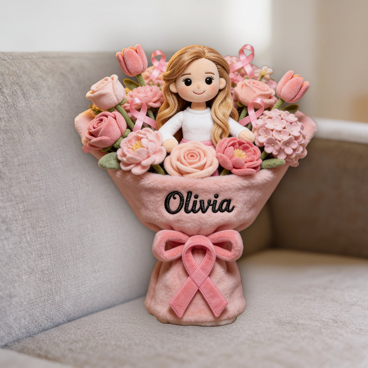 Brustkrebsbewusstsein – Personalisiertes Premium-Kunstfellkissen zum Thema Brustkrebsbewusstsein