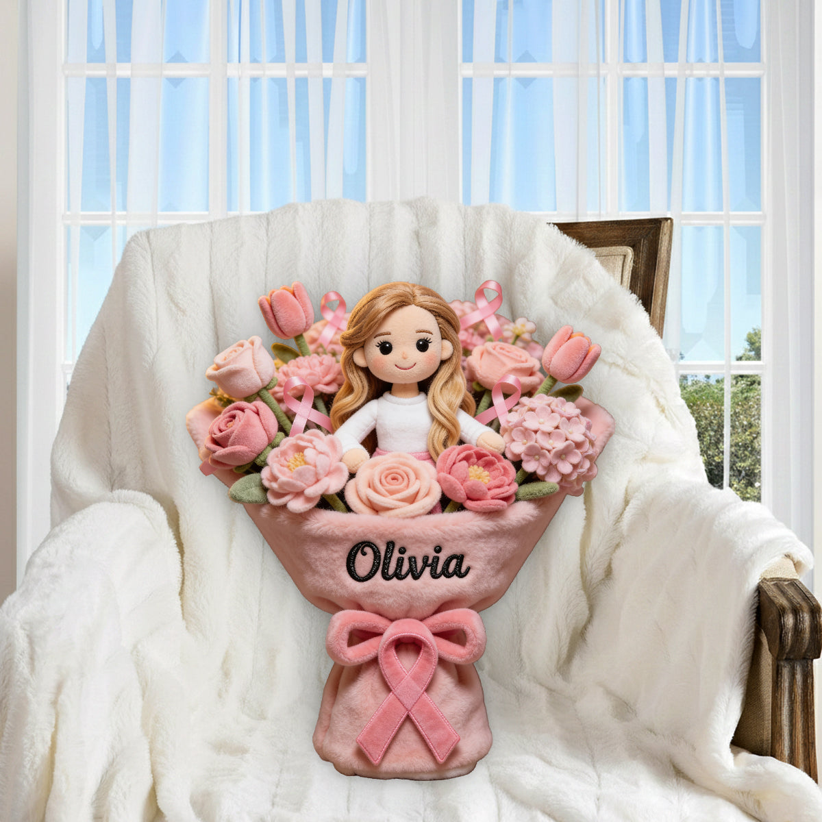 Brustkrebsbewusstsein – Personalisiertes Premium-Kunstfellkissen zum Thema Brustkrebsbewusstsein