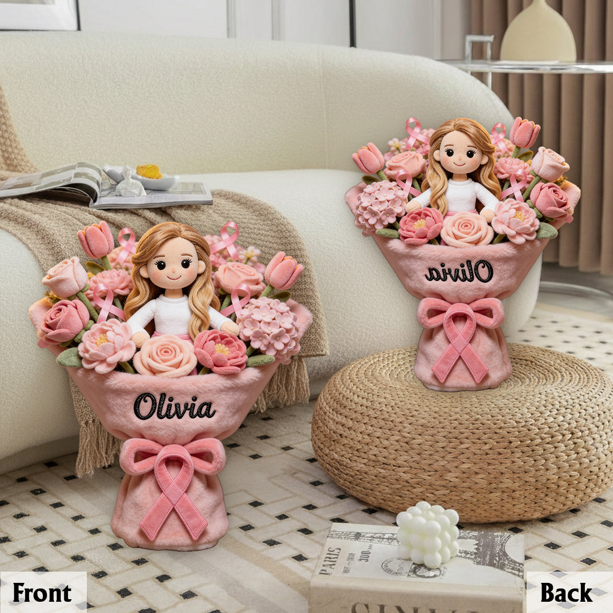 Brustkrebsbewusstsein – Personalisiertes Premium-Kunstfellkissen zum Thema Brustkrebsbewusstsein