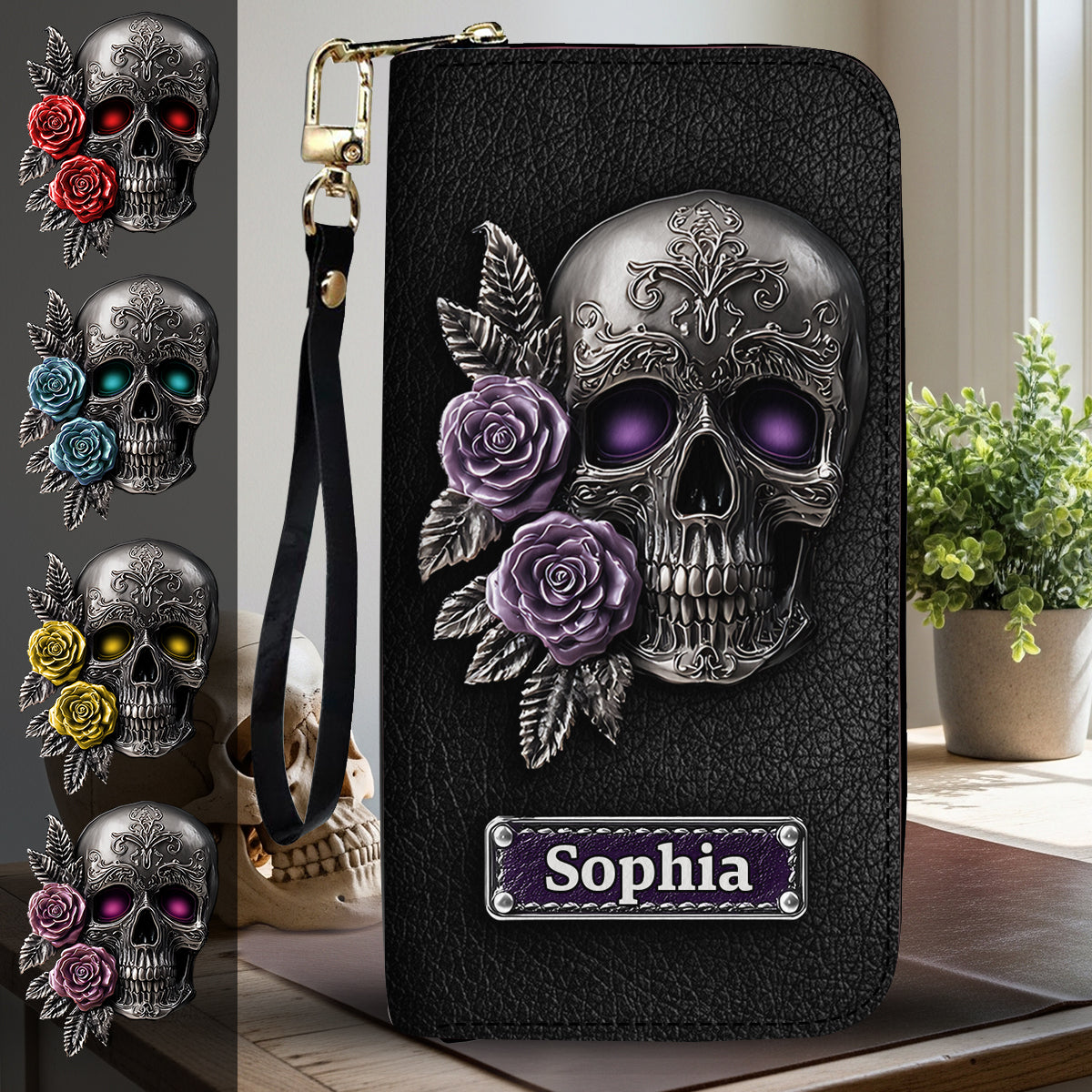 Skull And Roses – Personalisierte Totenkopf-Geldbörse aus Leder