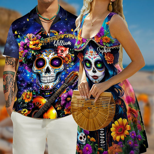 Bis dass der Tod uns scheidet – Personalisiertes Totenkopf-Hawaiihemd & ärmelloses Kleid