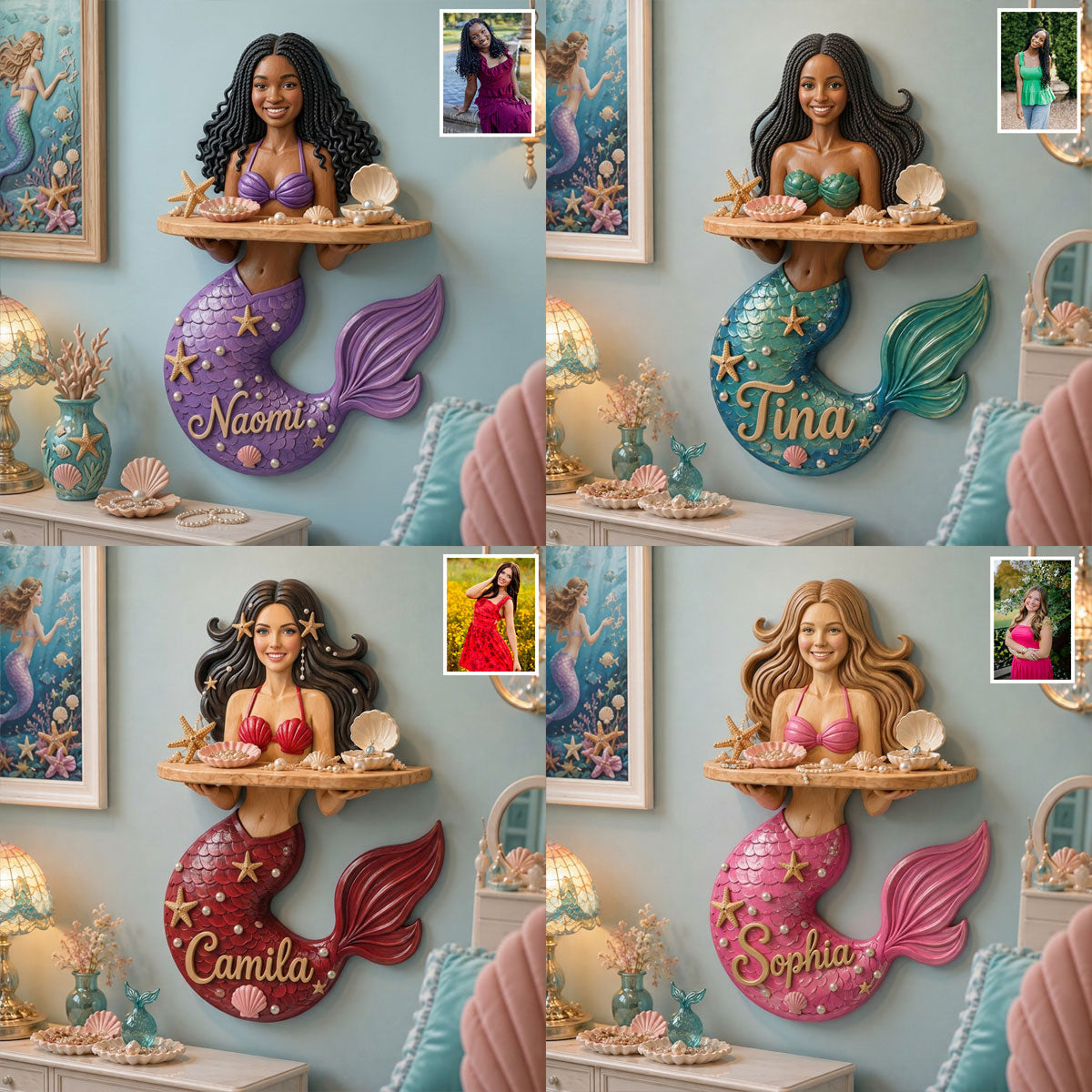 Beautiful Mermaid Shelf - Personalized Mermaid Wooden Floating Shelf