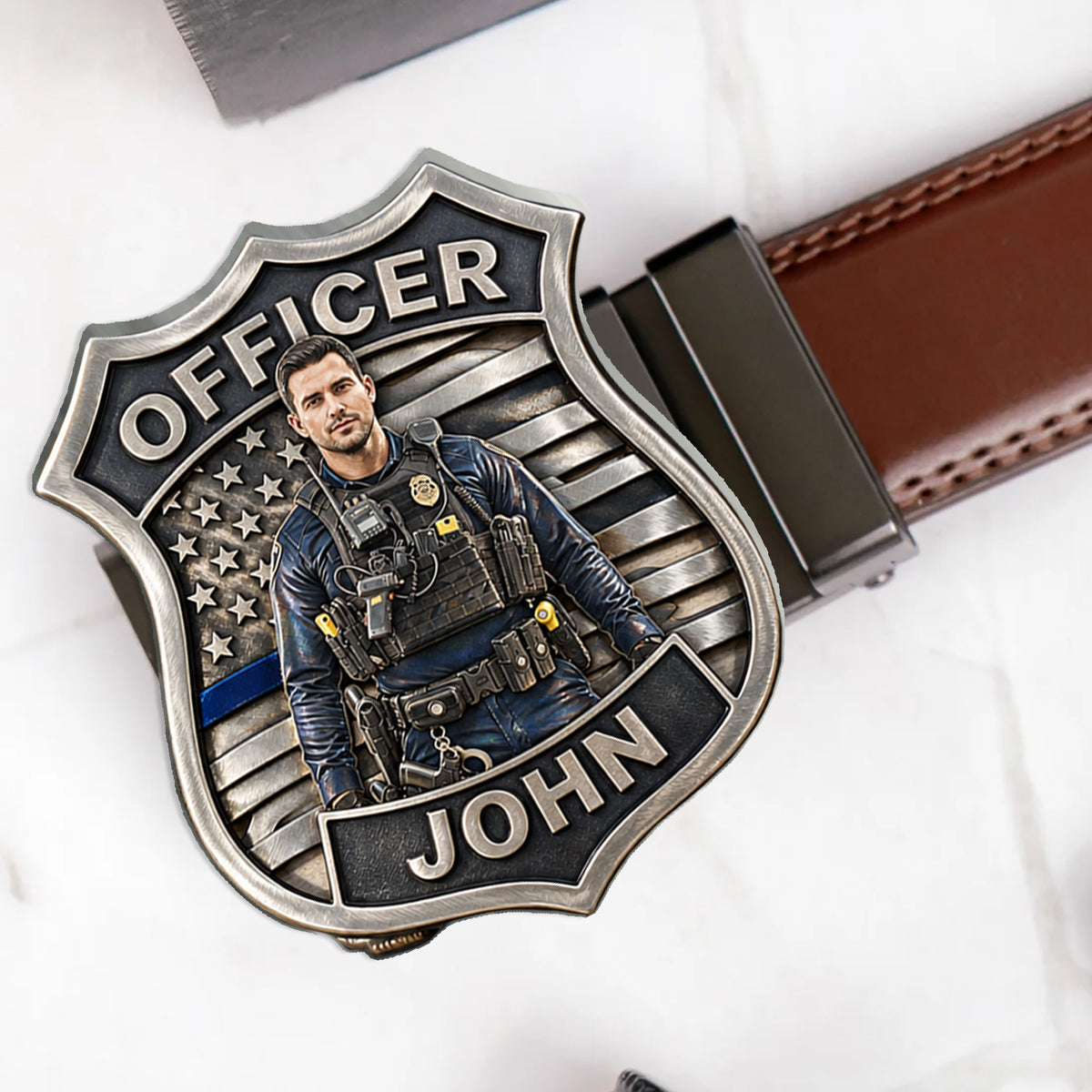 Proud Police - Personalized Police Officer Leather Belt With Shaped Buckle