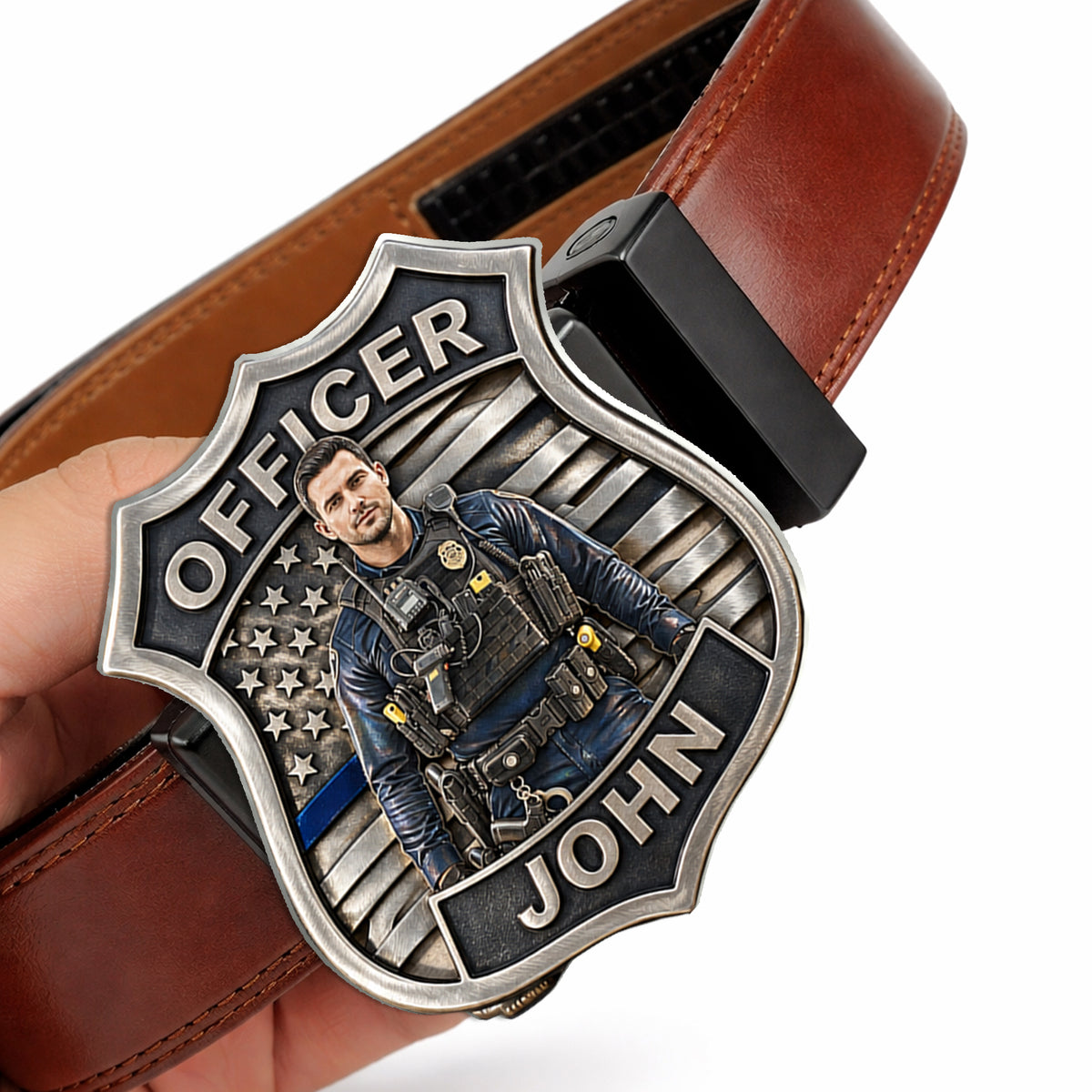 Proud Police - Personalized Police Officer Leather Belt With Shaped Buckle