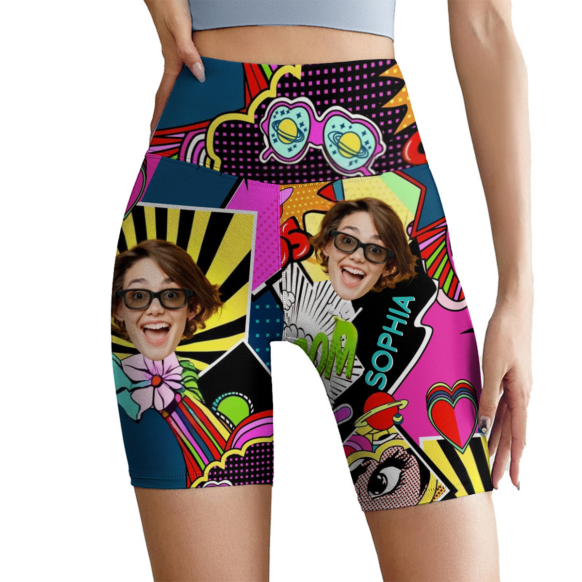 Colorful Art - Personalized Cartoon Lover High-Waisted Biker Shorts