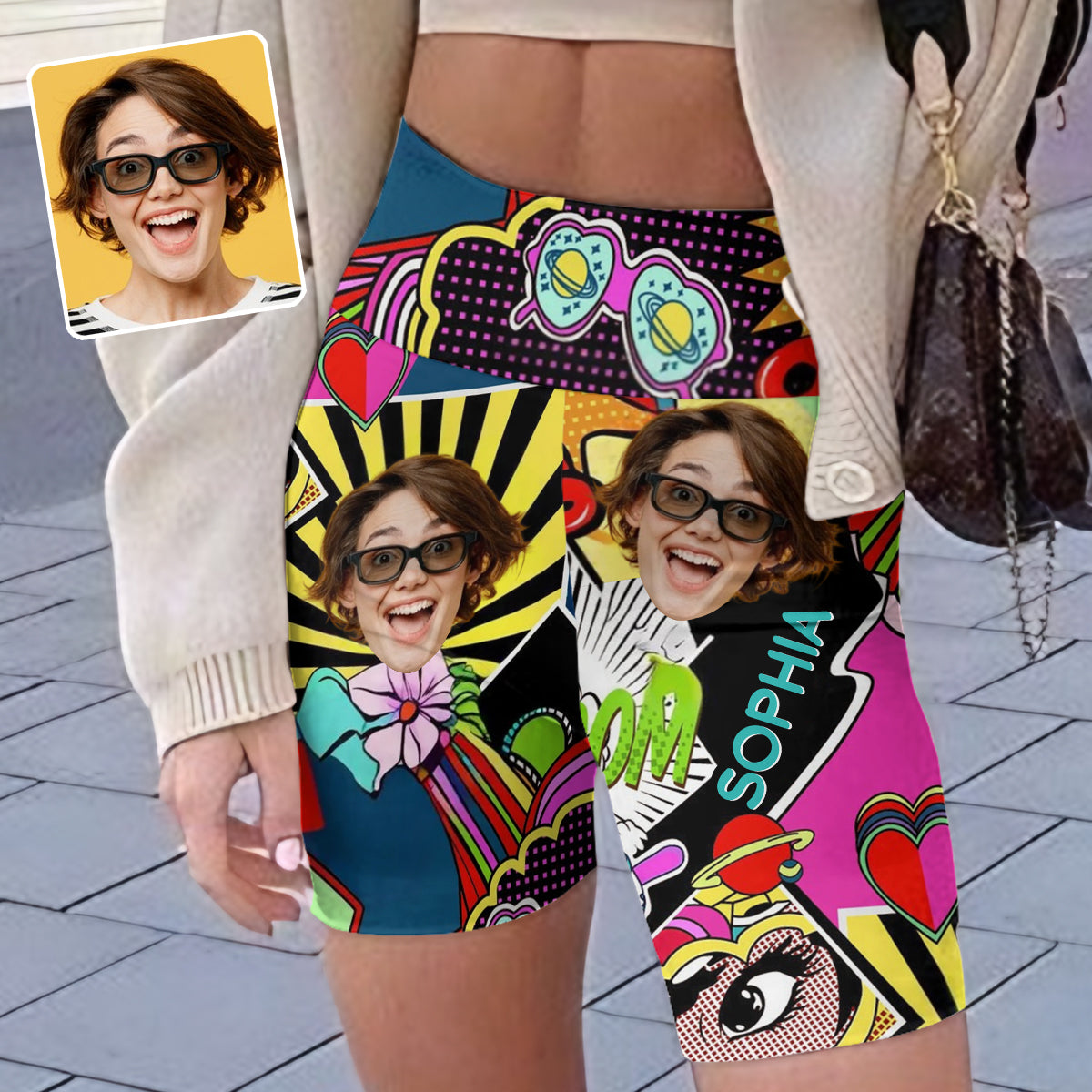 Colorful Art - Personalized Cartoon Lover High-Waisted Biker Shorts