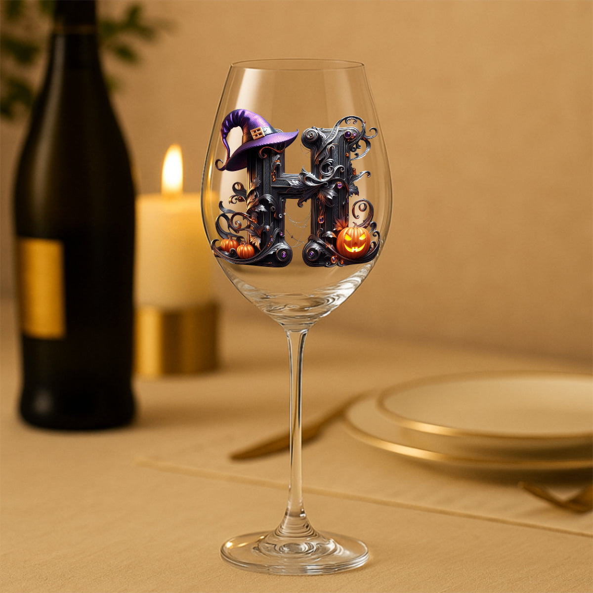 Witch Name Initial Letter - Personalized Witch Wine Glass With Long Stem