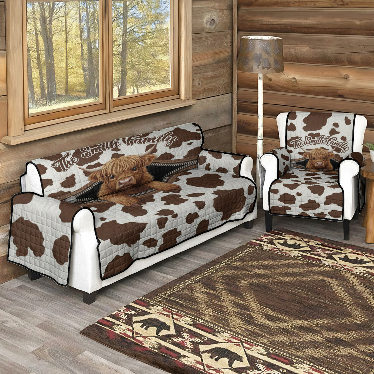 Niedliches Hochlandrind – Personalisierter gesteppter Sofabezug mit Hochlandrind-Motiv