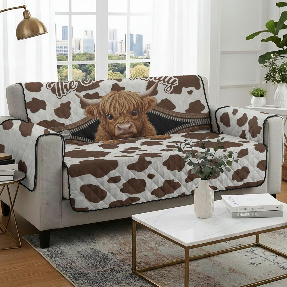 Niedliches Hochlandrind – Personalisierter gesteppter Sofabezug mit Hochlandrind-Motiv