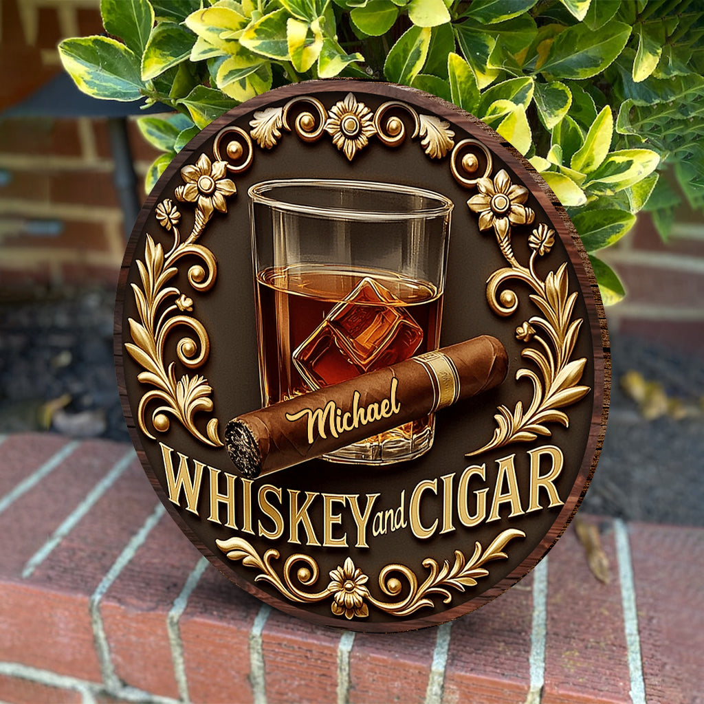 Whiskey And Cigar - Personalized Whisky Round Wood Sign