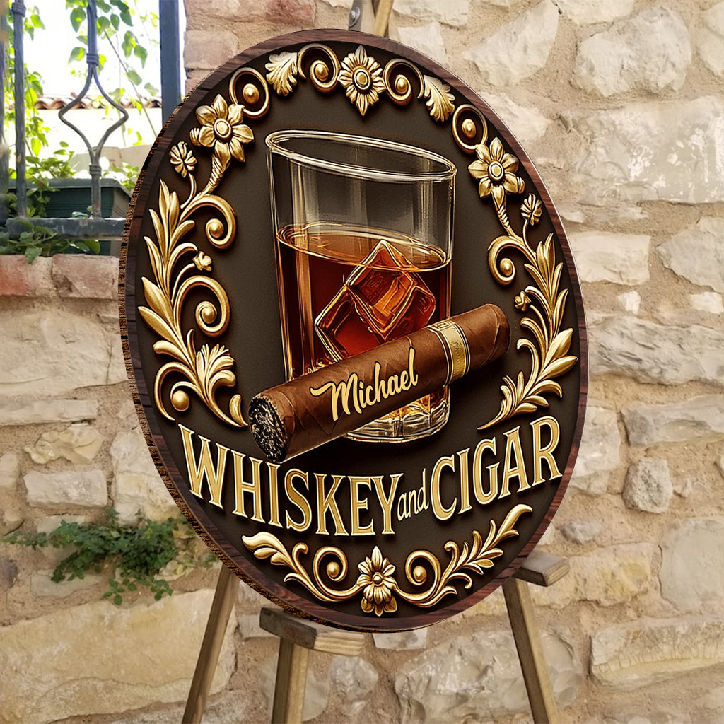 Whiskey And Cigar - Personalized Whisky Round Wood Sign