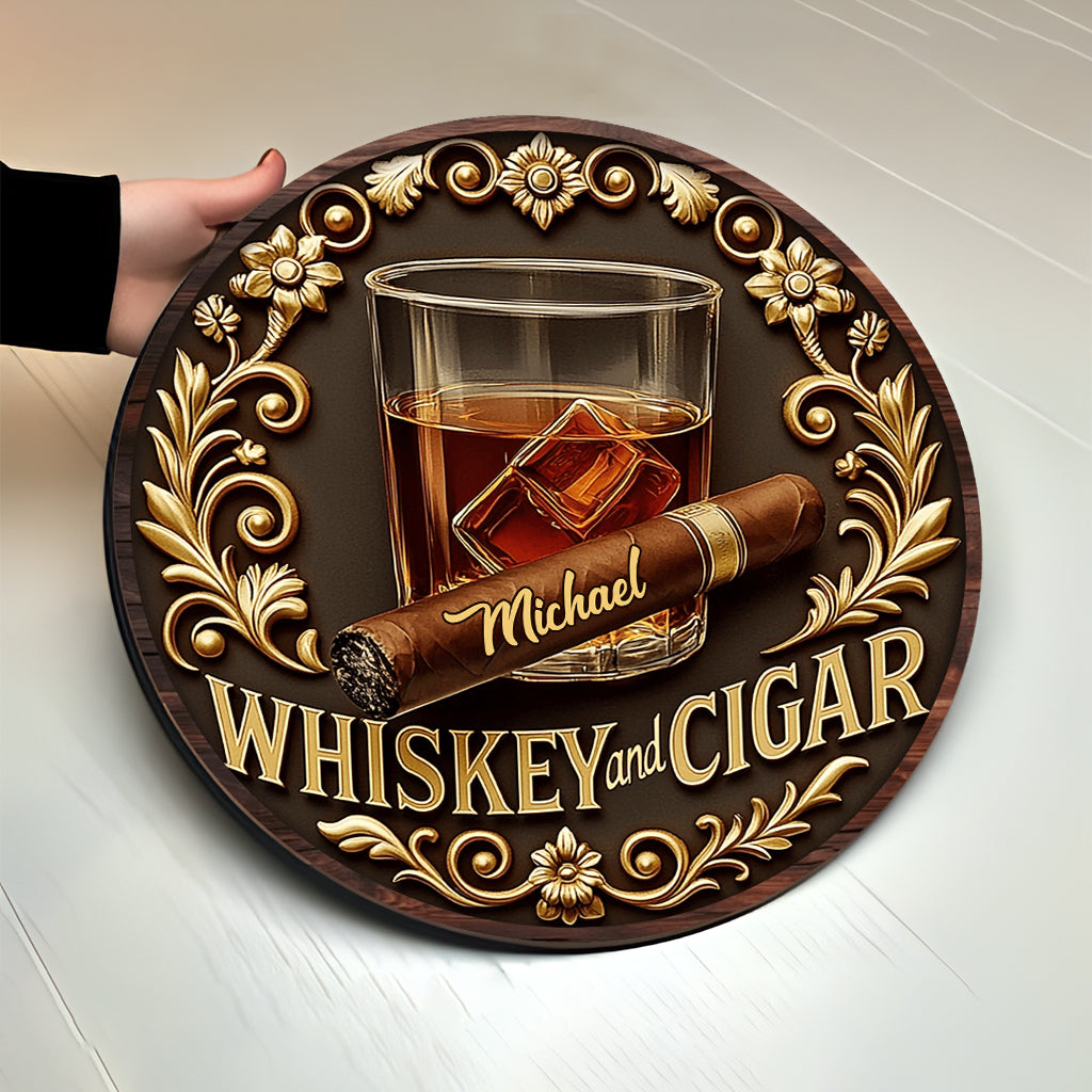 Whiskey And Cigar - Personalized Whisky Round Wood Sign