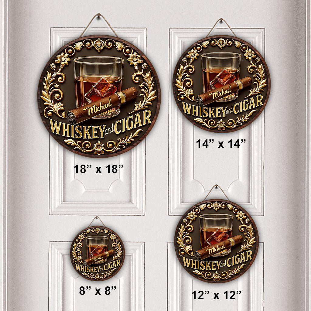 Whiskey And Cigar - Personalized Whisky Round Wood Sign