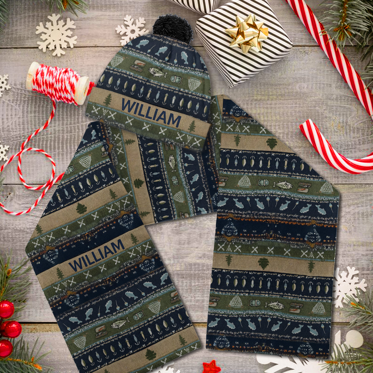 Angeln – Personalisiertes Angel-Strickmützen- und Schal-Set