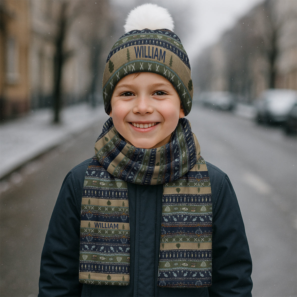 Angeln – Personalisiertes Angel-Strickmützen- und Schal-Set