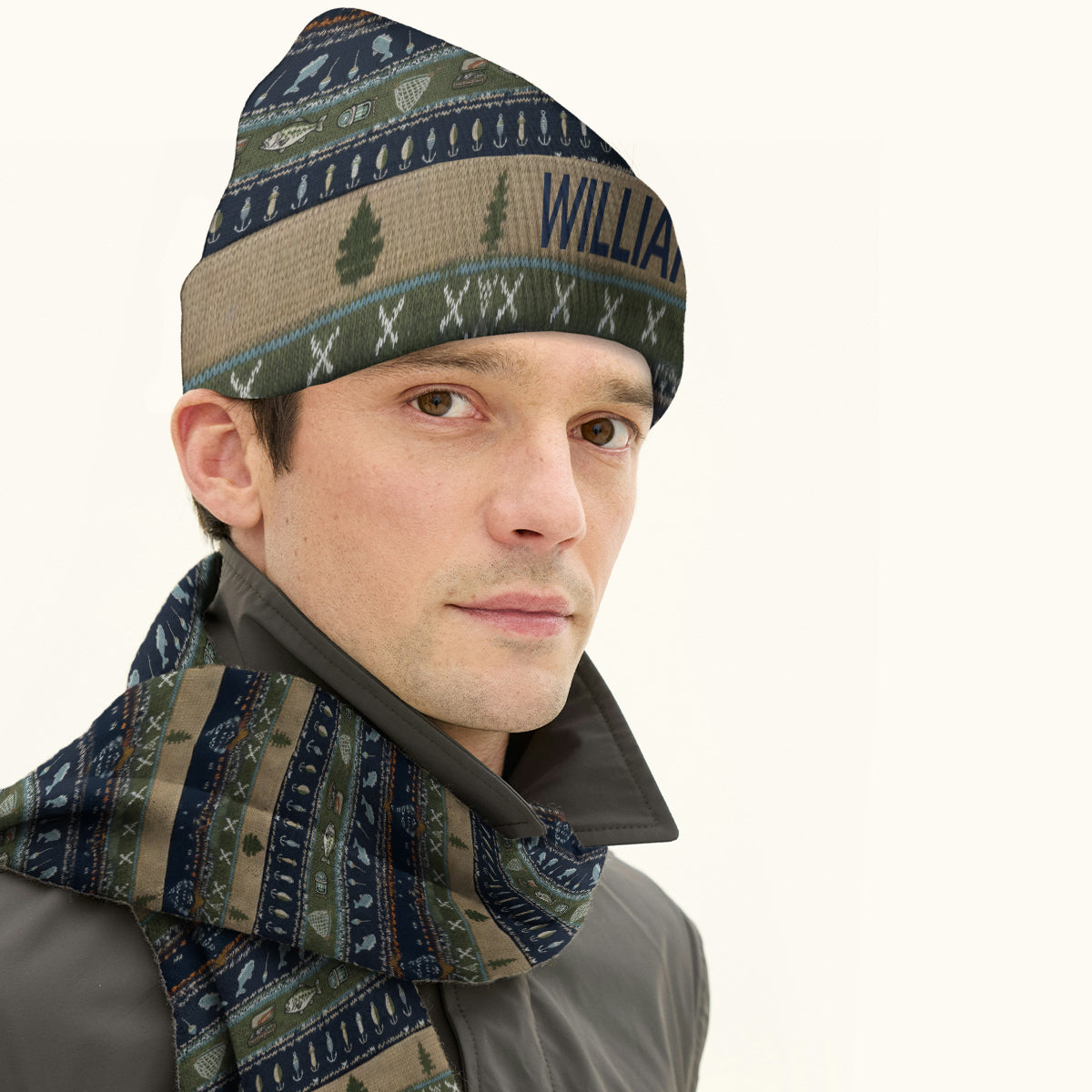 Angeln – Personalisiertes Angel-Strickmützen- und Schal-Set